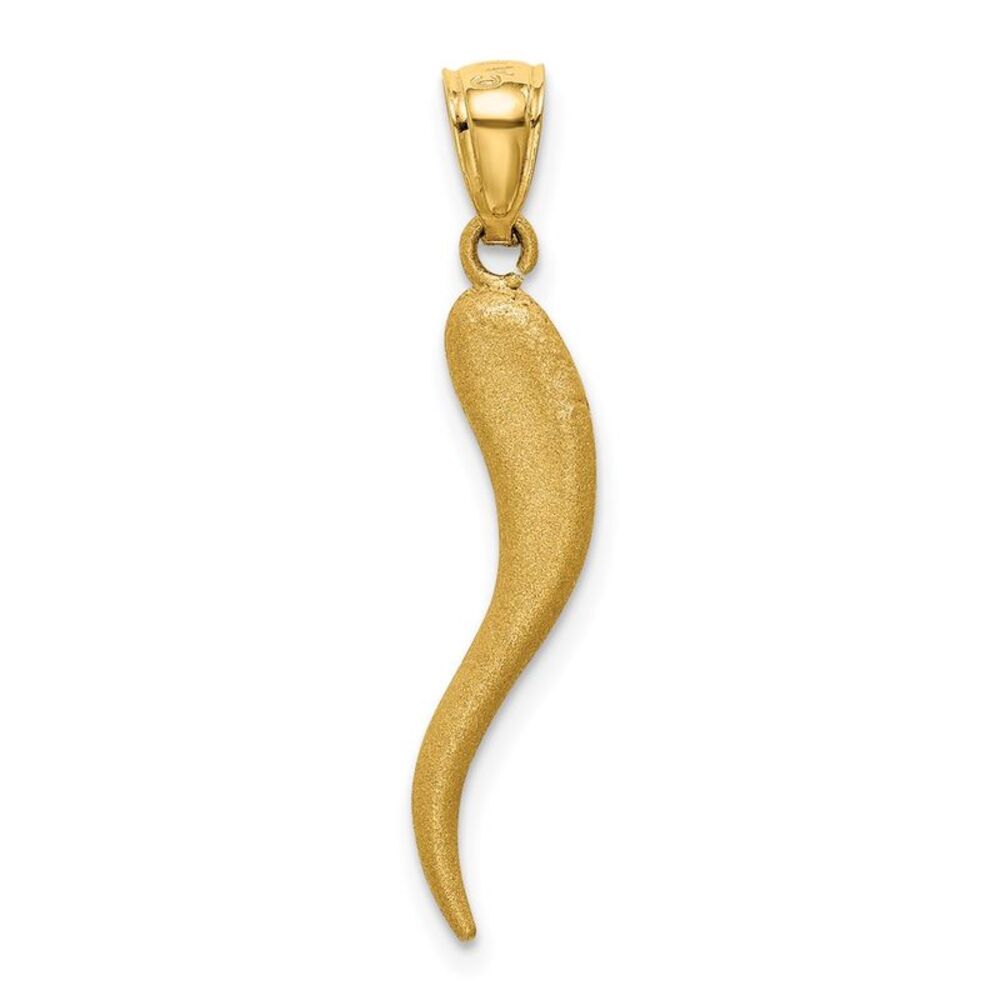 14k Yellow Gold Satin & Diamond Cut Italian Horn Pendant, 5 x 30mm - Picture 3 of 5